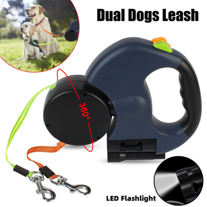 Retractable Reflective Dog Leash for Small Dogs with 360° Swivel and Integrated Lights - Dual Pet Walking Solution