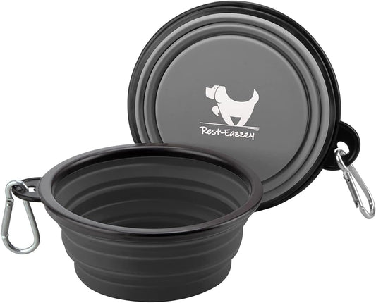 Collapsible Travel Dog Bowls - 2-Pack Portable Water and Feeding Dishes for Pets, Foldable Design with Carabiners, BPA Free (Medium, Black and Grey)