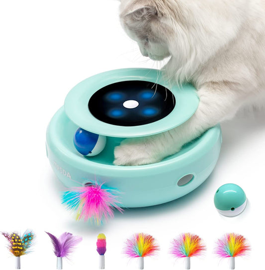 2-in-1 Interactive Cat Toys for Indoor Use - Automatic Cat Toy Balls and Mice with Ambush Feather, 7 Attachments, Dual Power Supplies, Adjustable Speed, Auto On/Off Functionality