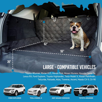 Bulldogology Heavy-Duty Waterproof SUV Cargo Liner for Dogs - 55" x 82" Nonslip Trunk Cover for Pet Protection in SUVs, Vans, and Cars (Large, Black)