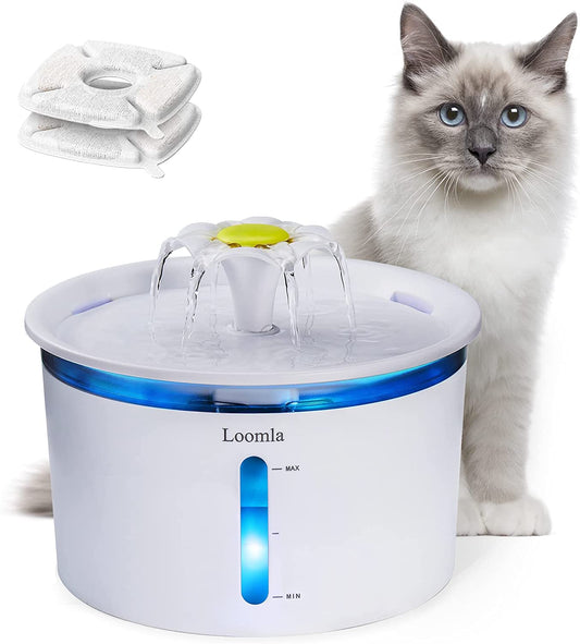 Automatic Pet Water Fountain, 85oz/2.5L Indoor Dispenser for Cats and Dogs with LED Lighting and 2 Replacement Filters (White)