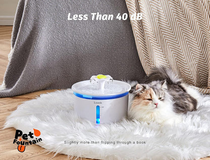 Automatic Pet Water Fountain, 85oz/2.5L Indoor Dispenser for Cats and Dogs with LED Lighting and 2 Replacement Filters (White)