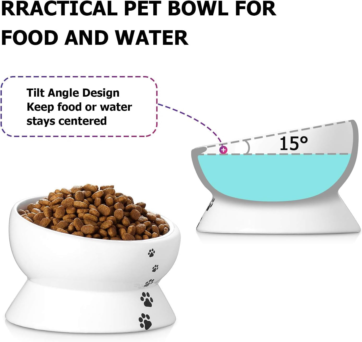 Elevated Ceramic Cat and Small Dog Food and Water Bowl, Tilted Design, 15 Oz Capacity, No Spill, Dishwasher Safe