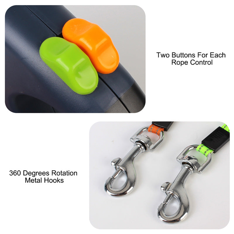 Retractable Reflective Dog Leash for Small Dogs with 360° Swivel and Integrated Lights - Dual Pet Walking Solution