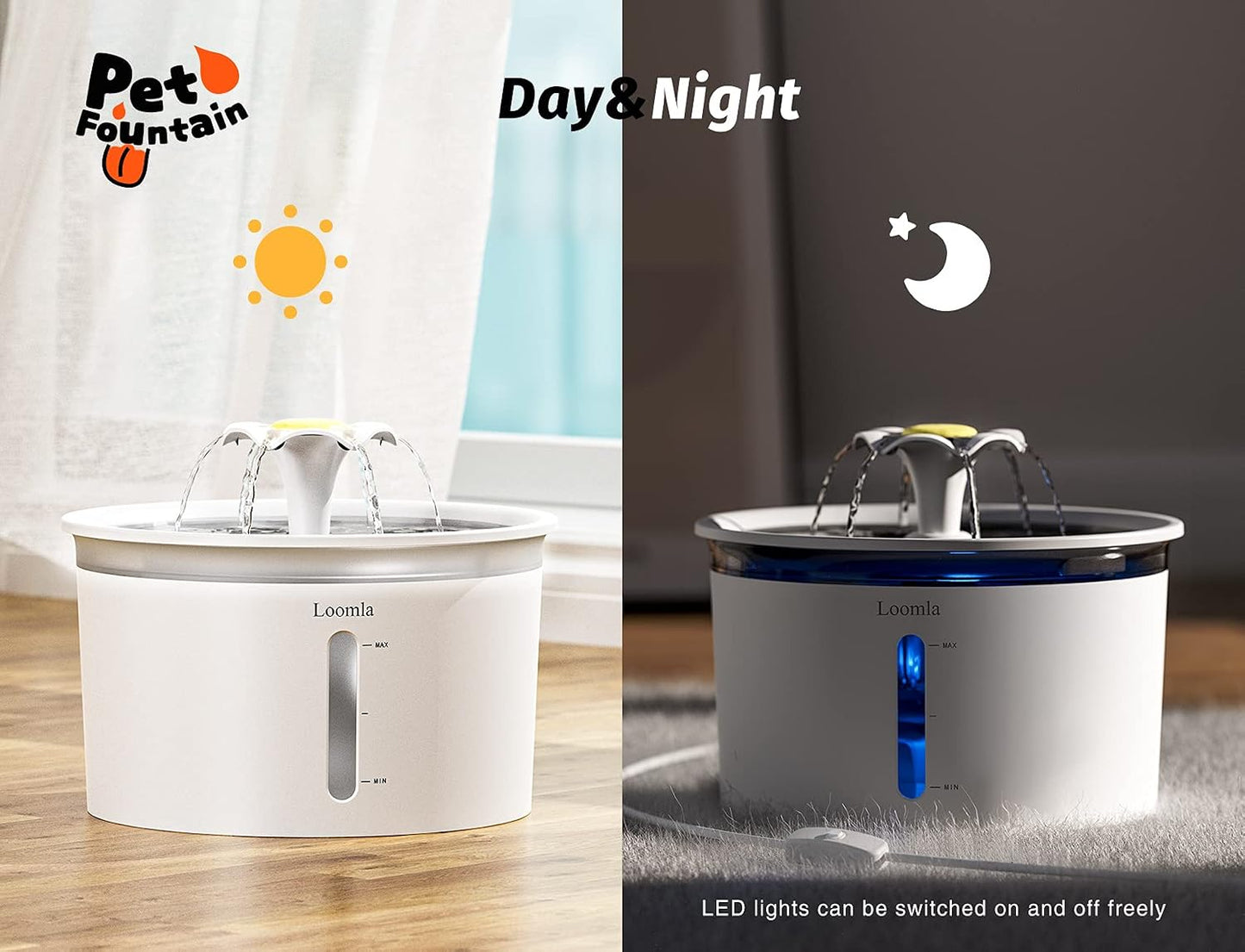 Automatic Pet Water Fountain, 85oz/2.5L Indoor Dispenser for Cats and Dogs with LED Lighting and 2 Replacement Filters (White)